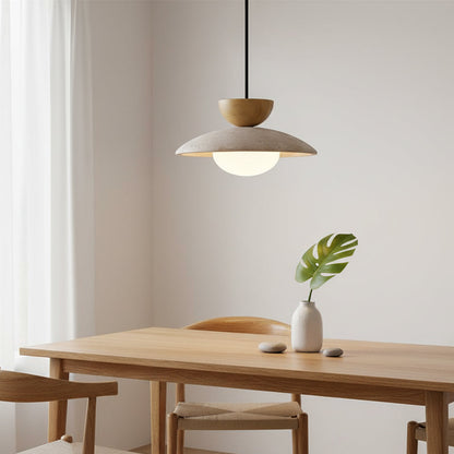 Travertine Glass Hanging Light Fixture with Wood Accent for Kitchen Island Dining Room Overhead Suspension Lamp Adjustable Cord Ceiling Moun