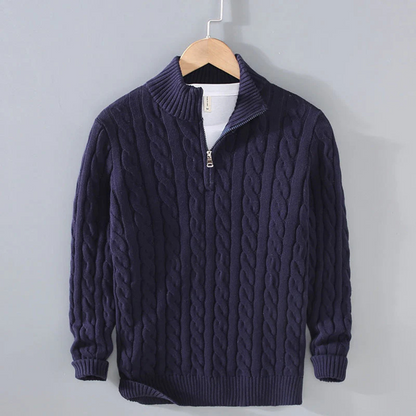Cable-Knit Quarter-Zip Sweater for Men – 100% Cotton Stand-Collar Pullover for Fall & Winter