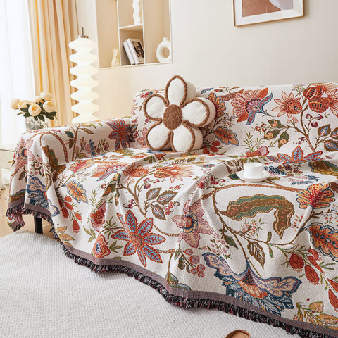 Carmen Floral Throw Blanket - Soft Polyester Cotton Blend, Rustic Tassels
