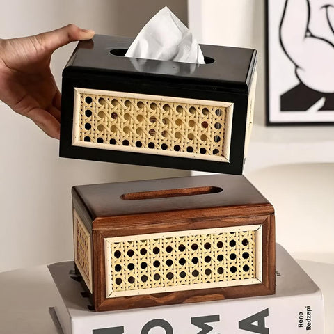 Jade Japandi Tissue Box Cover - Rattan and Wood, Minimalist Design