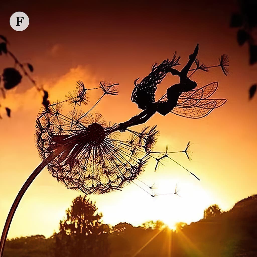 Metal Fairy Garden Stake with Dandelion Silhouette – Whimsical Outdoor Yard Art, Weather-Resistant Lawn Ornament for Flower Beds & Walkways