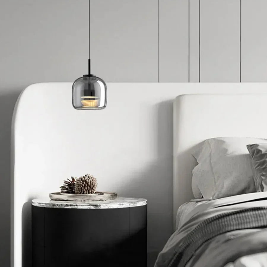 Glass Drop Ceiling Fixture 40 in Adjustable Height Cognac Smoke Gray Over Island Dining Table Modern Nordic Minimalist Hanging Lamp Bedroom