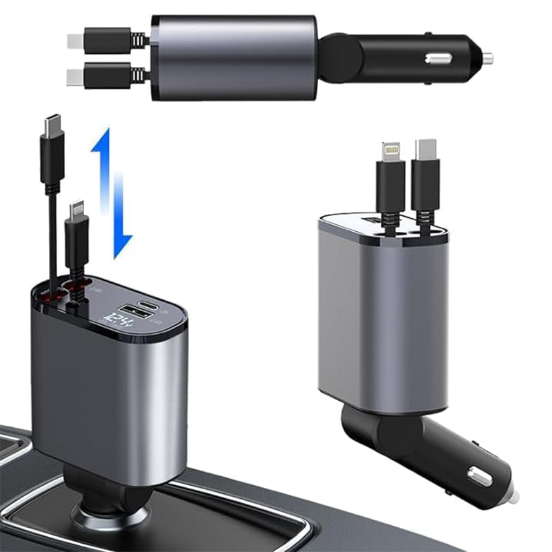 Retractable Car Charger with Dual Ports – Fast Charging Cable for iPhone & Android – 31 in Auto-Rewind USB Adapter