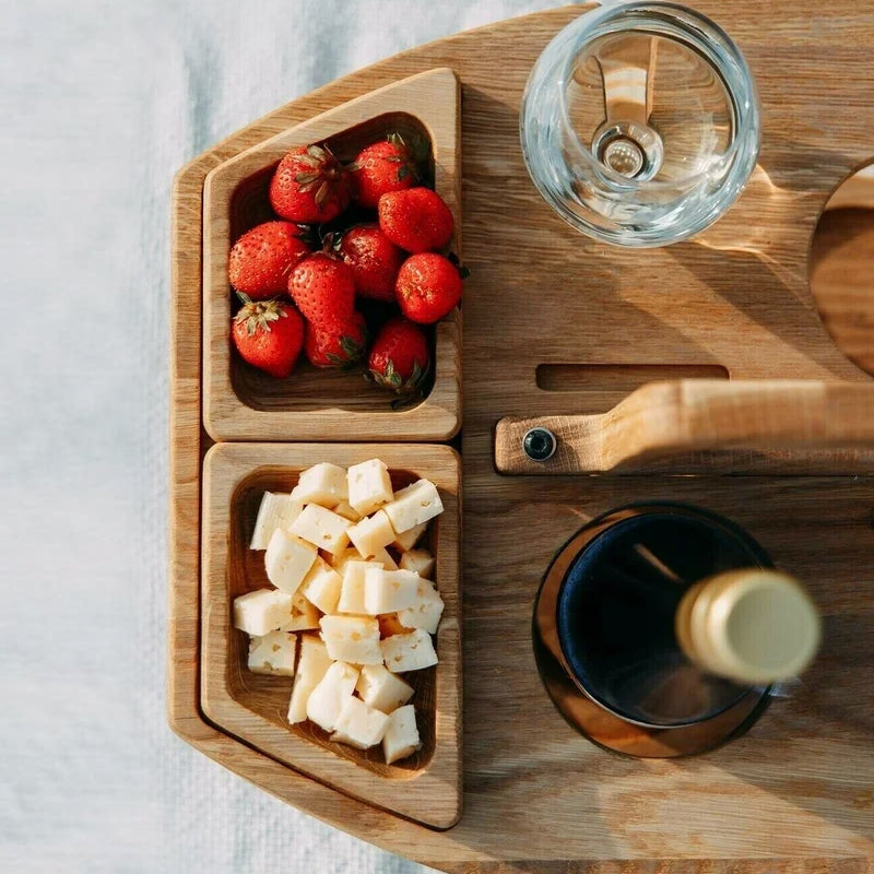 Portable Wooden Wine Table for Picnics – Holds Bottle, Glasses & Snacks for Outdoor Dining, Beach Trips, Garden Parties