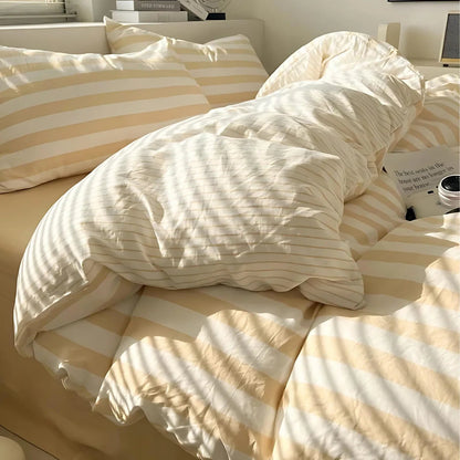 Striped Linen Bed Set King Queen Double Twin Hotel Quality Comforter Cover Fitted Sheet Pillowcases Neutral Bedroom Essentials for Modern &