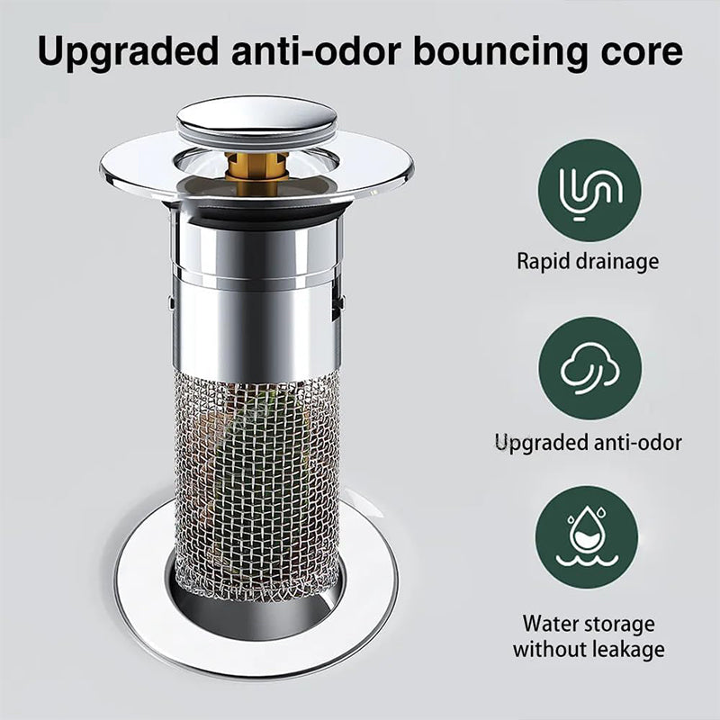 Pop-Up Bathroom Drain Filter with Hair Trap for Washbasin & Shower – Brass Core, Stainless Steel Basket, Universal Fit 1-1.2" Drains