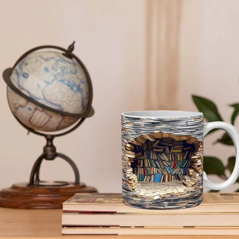 Ceramic Mug with 3D Bookshelf Wrap Design for Coffee Tea Hot Drinks Book Lovers Library Kitchen Microwave Dishwasher Safe Literary Gift