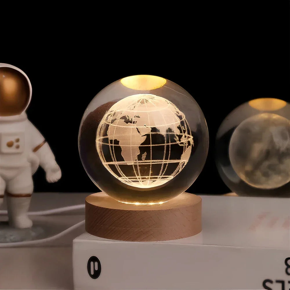 3D Engraved Crystal Planet Sphere Night Light on Wood Base USB Powered Desk Lamp Warm White LED Glow for Bedroom Living Room Nursery Space