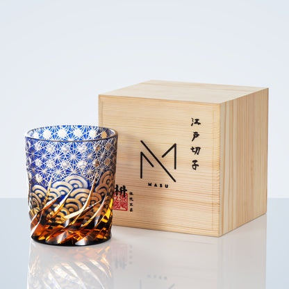 Hand-Cut Crystal Tumbler for Bourbon & Spirits, Blue-Amber Glass with Authentic Japanese Patterns, Gift-Ready Keepsake Box for Collectors