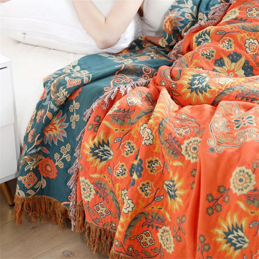 Reversible Cotton Throw Blanket with Floral Pattern Orange & Teal for Couch Sofa Bed Picnic Beach Home Decor