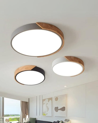Round Flush Mount Ceiling Light with Wood Accent and Integrated LED – Modern Low Profile Fixture in 9, 12, 16, 20, and 24 inch Sizes for Liv