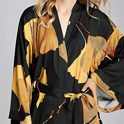 Bamboo Bathrobe - Lightweight Polyester, Ginkgo Leaf Print