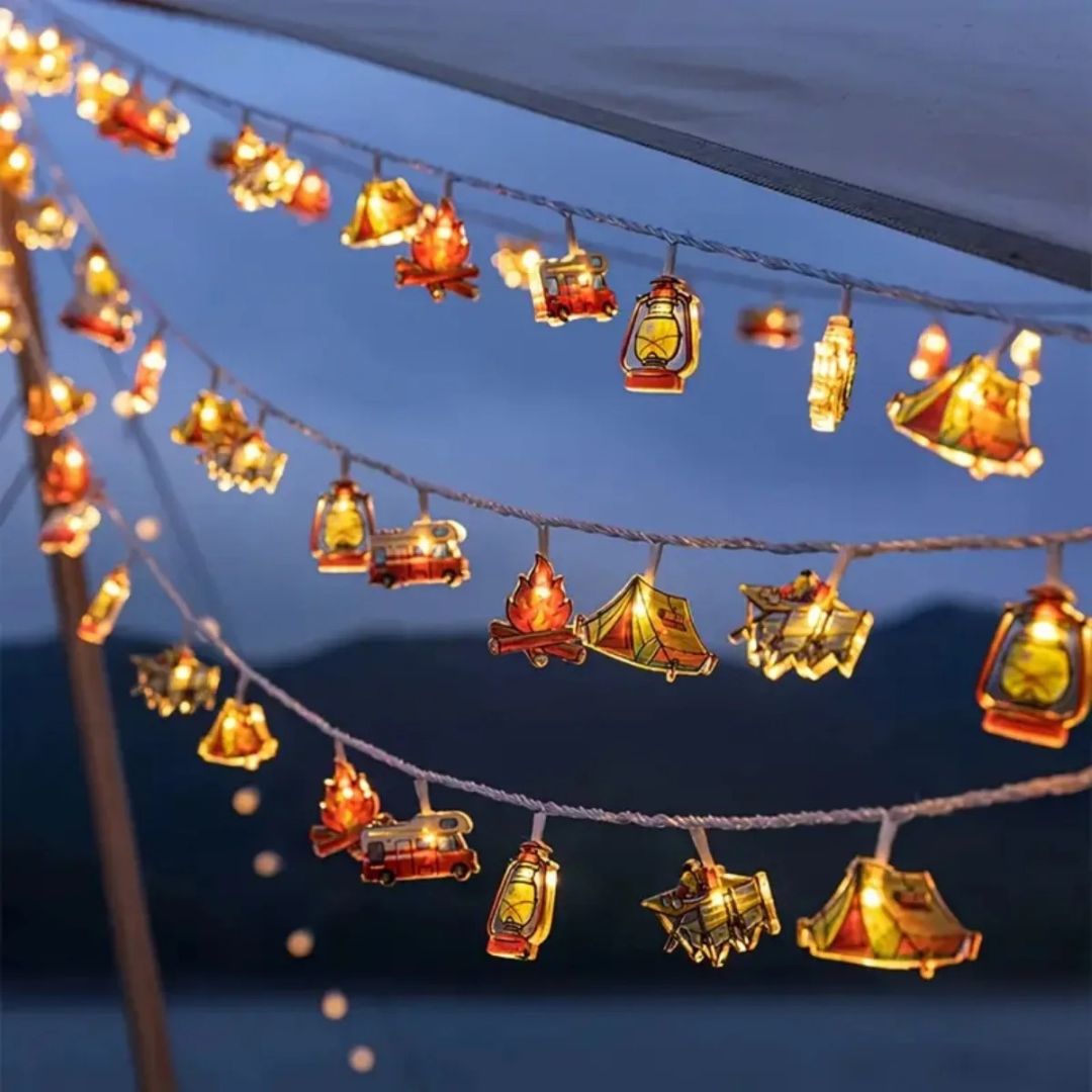 Camping-Themed LED Fairy Lights – Battery-Powered Indoor Outdoor String Lights with Tent, Campfire & Lantern Icons for Patio, Backyard &