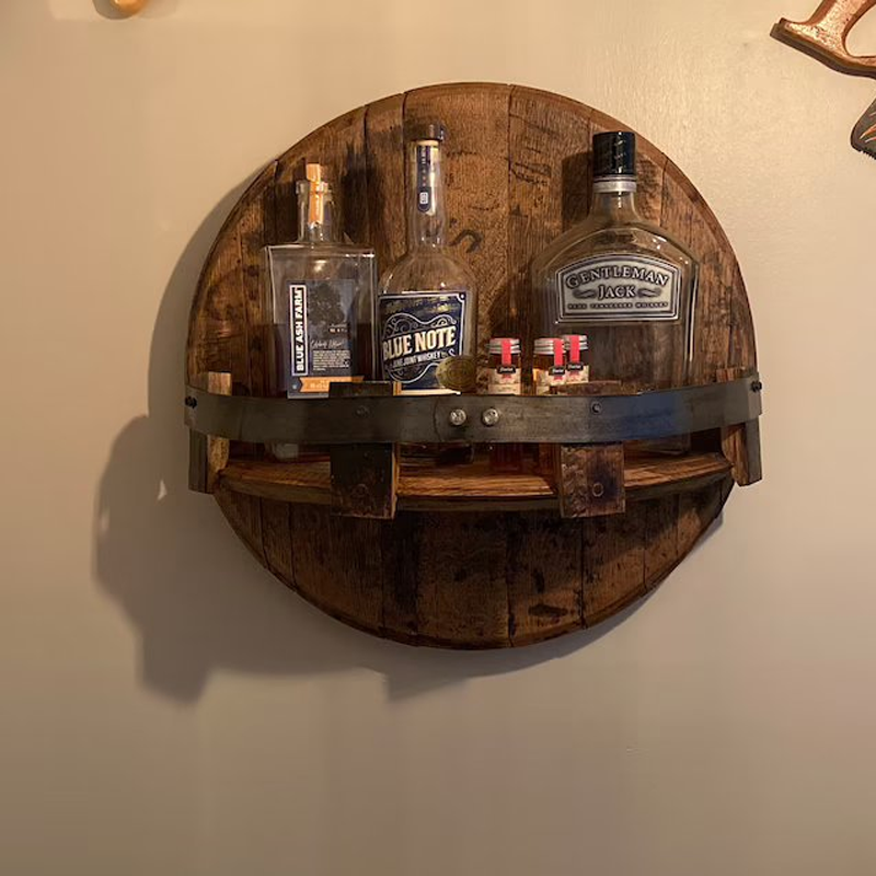 Round Barrel Wall Shelf – Solid Wood Floating Display for Bottles & Decor – Rustic Storage for Home Bar, Kitchen & Living Room