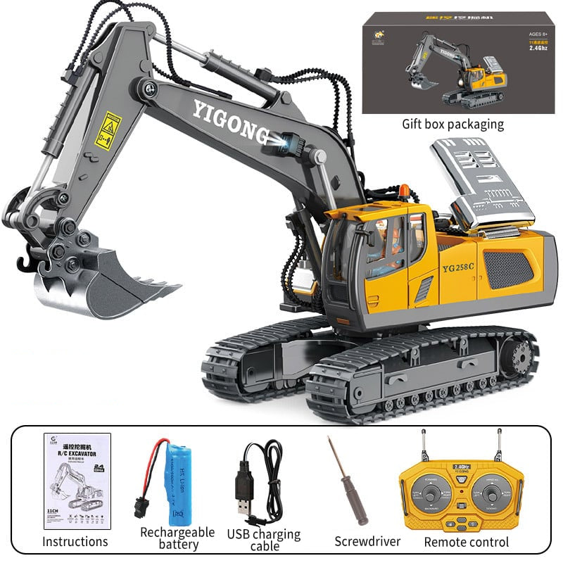 Remote Control Excavator Toy 1:20 Scale with Hydraulic System | 18-Channel Radio Control | Metal Construction Parts | Rechargeable Battery