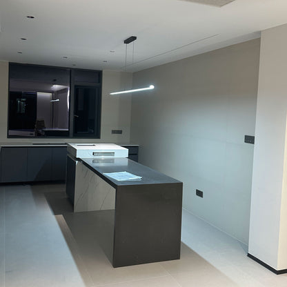Suspended LED Strip Fixture for Countertop Islands – Dimmable Metal Bar Light with Remote in Matte or Gloss White – 39 to 102 in Adjustable