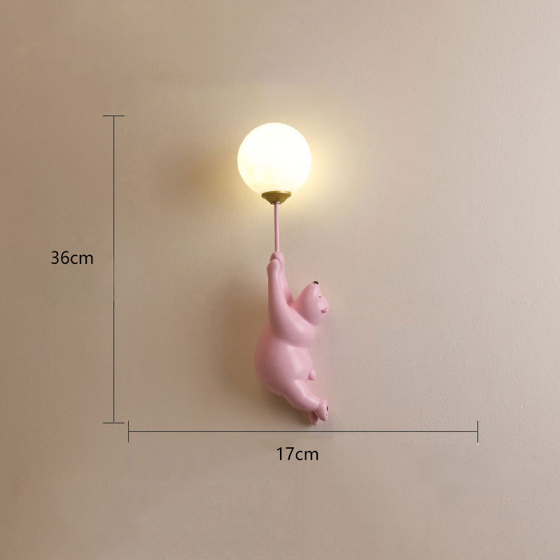 Bear with Balloon Wall Sconce Light for Kids Room Nursery Bedroom Playroom Resin Animal Design Accent Lighting White Blue Pink