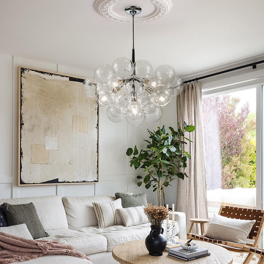 Multi-Globe Hanging Light Fixture Chrome 25 in Adjustable Suspension Cord 20 Glass Orbs LED Ceiling Lamp for Dining Living