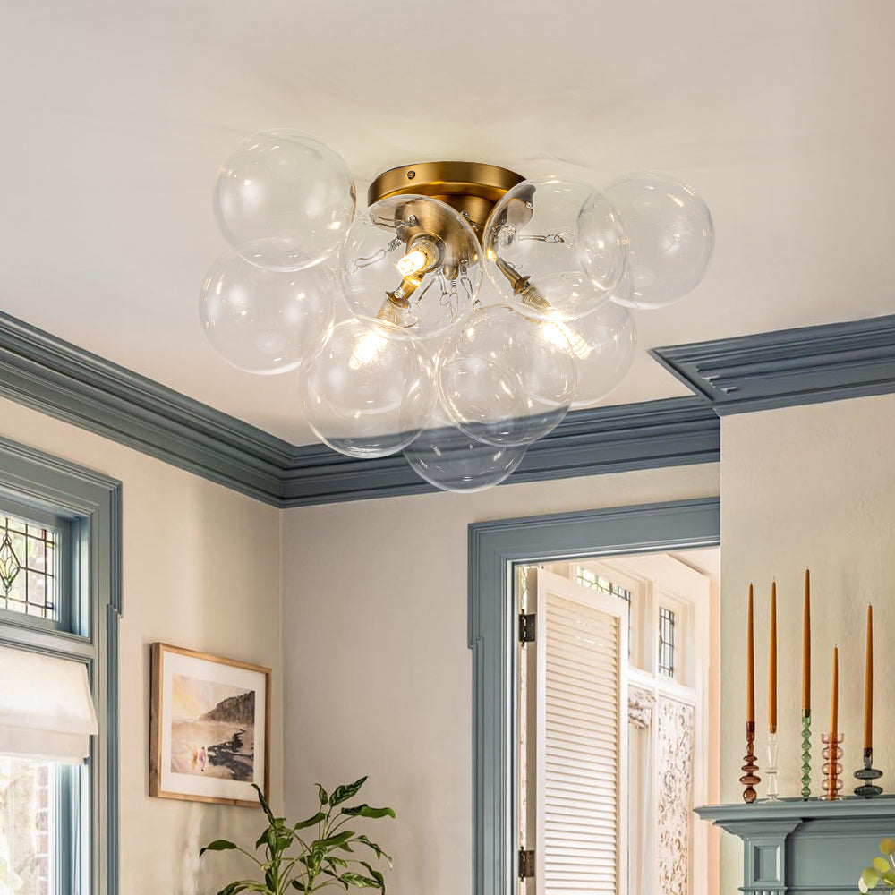 Clear Glass Globe Semi-Flush Ceiling Light, 3-Bulb Brushed Metal Cluster Fixture for Dining Room, Bedroom, Entryway, Bathroom