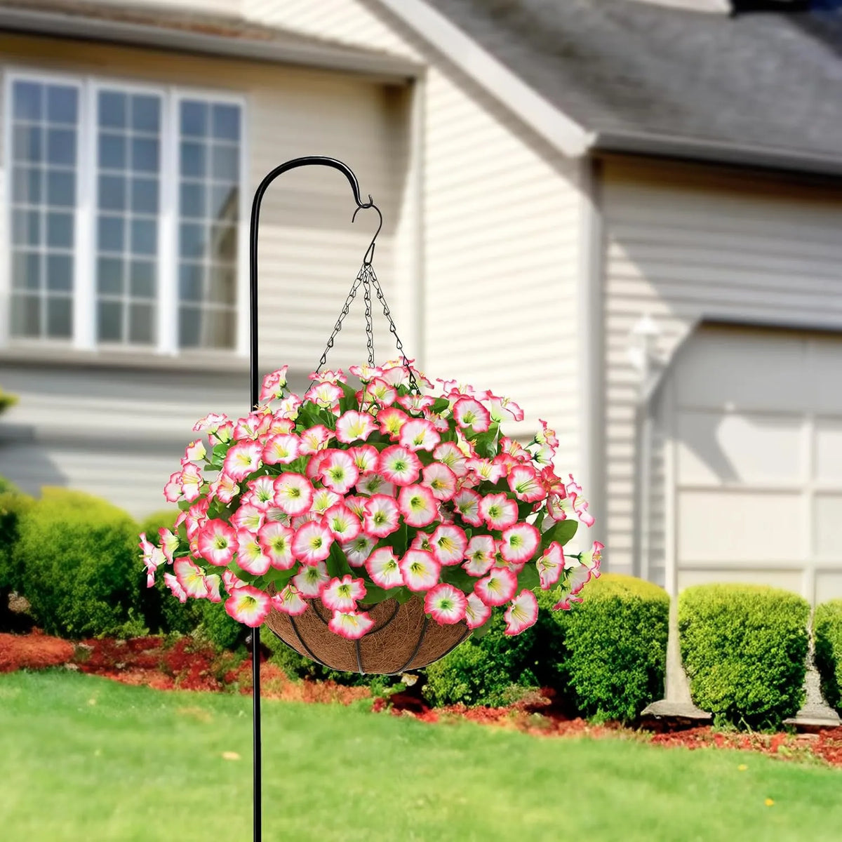 Hanging Basket Flowers Artificial Silk for Outdoor Indoor Decor | Weather-Resistant Faux Blooms in 7 Colors, Year-Round