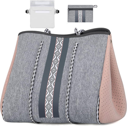 Neoprene Beach Bag with Inner Zipper Pocket, Large Beach Tote Bag with Purse, Machine Washable Travel Tote Bag