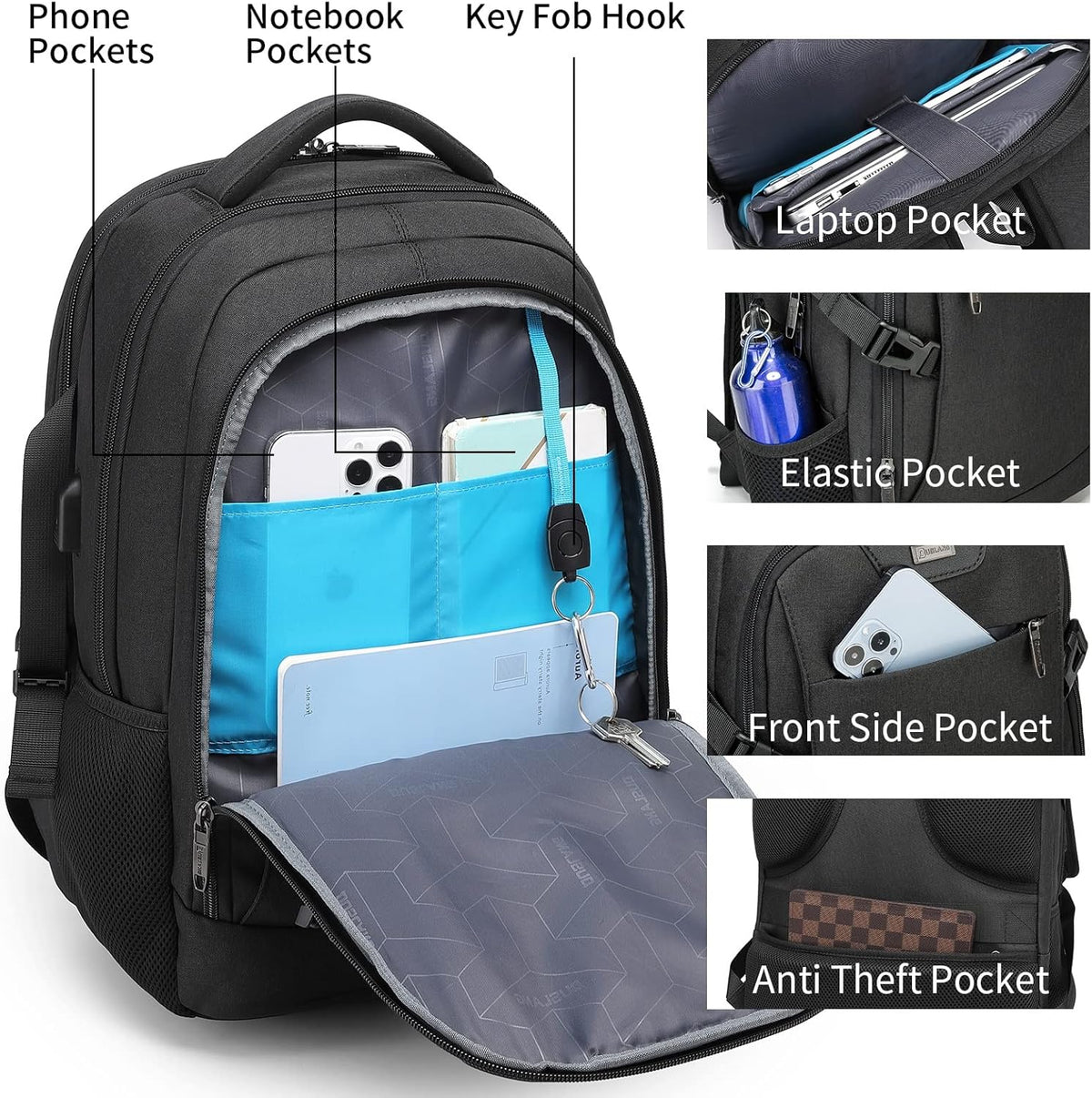 Travel Backpack with USB Charging Port for Laptops up to 17 Inches | Water-Resistant Daypack with Anti-Theft Pocket for Business Work School