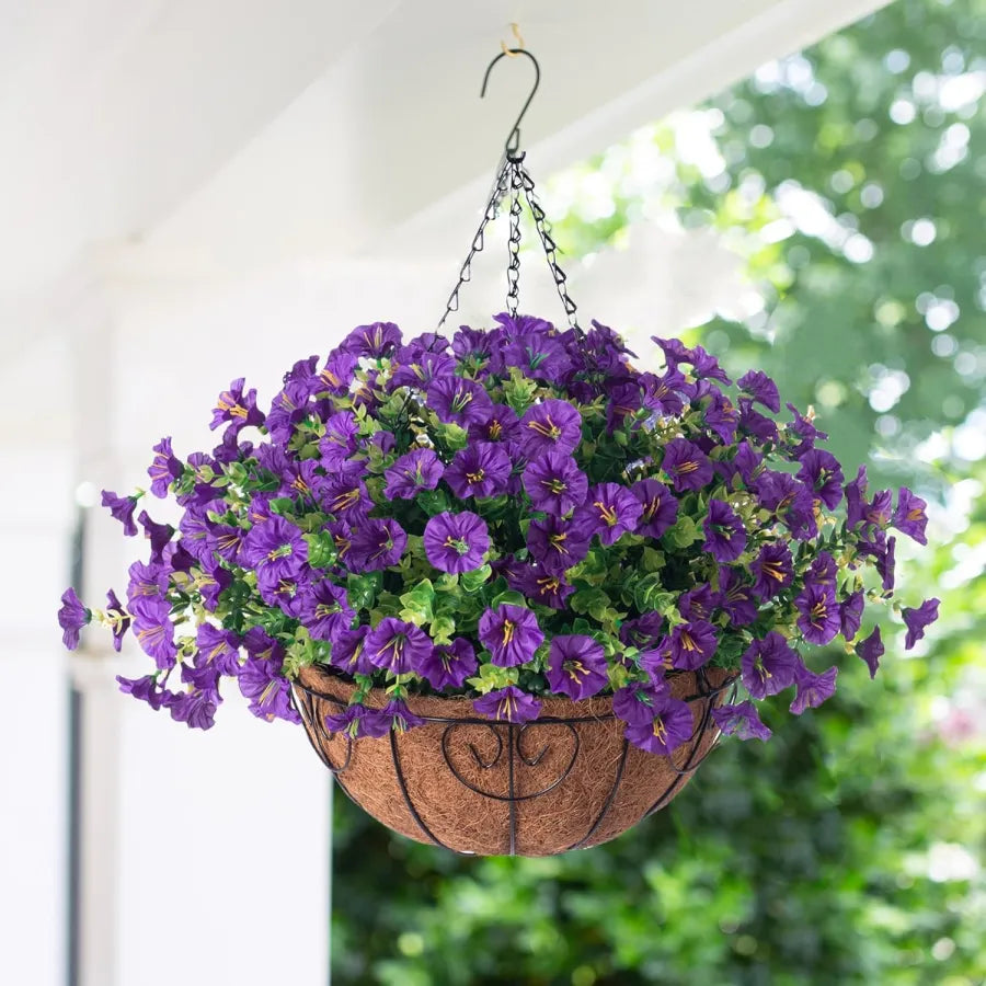 Hanging Basket Flowers Artificial Silk for Outdoor Indoor Decor | Weather-Resistant Faux Blooms in 7 Colors, Year-Round