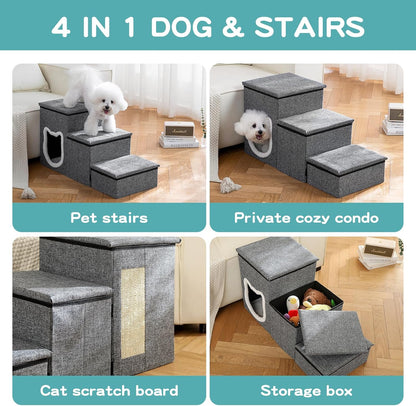 Pet Haven | 3-Step Non-Slip Dog Stairs with Storage | Easy Access for Small Dogs and Cats