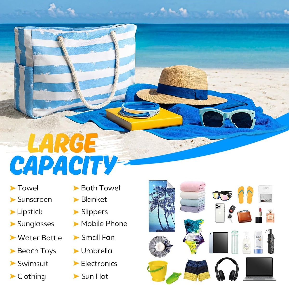 Coastal Escape | Large Waterproof Beach Bag with Sandproof Design | Versatile Tote for Family Outdoor Adventures