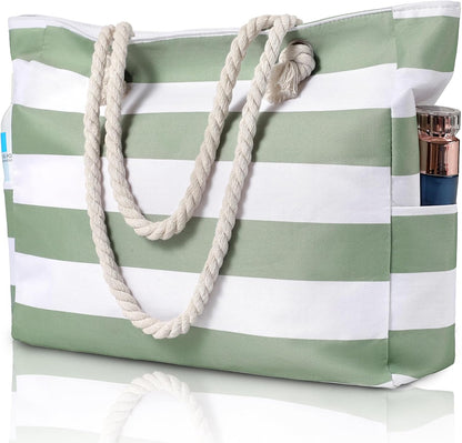 Zippered Canvas Beach Bag for Women – Waterproof Tote with Pockets for Pool, Travel & Everyday Errands – Sand-Resistant Shoulder Carryall
