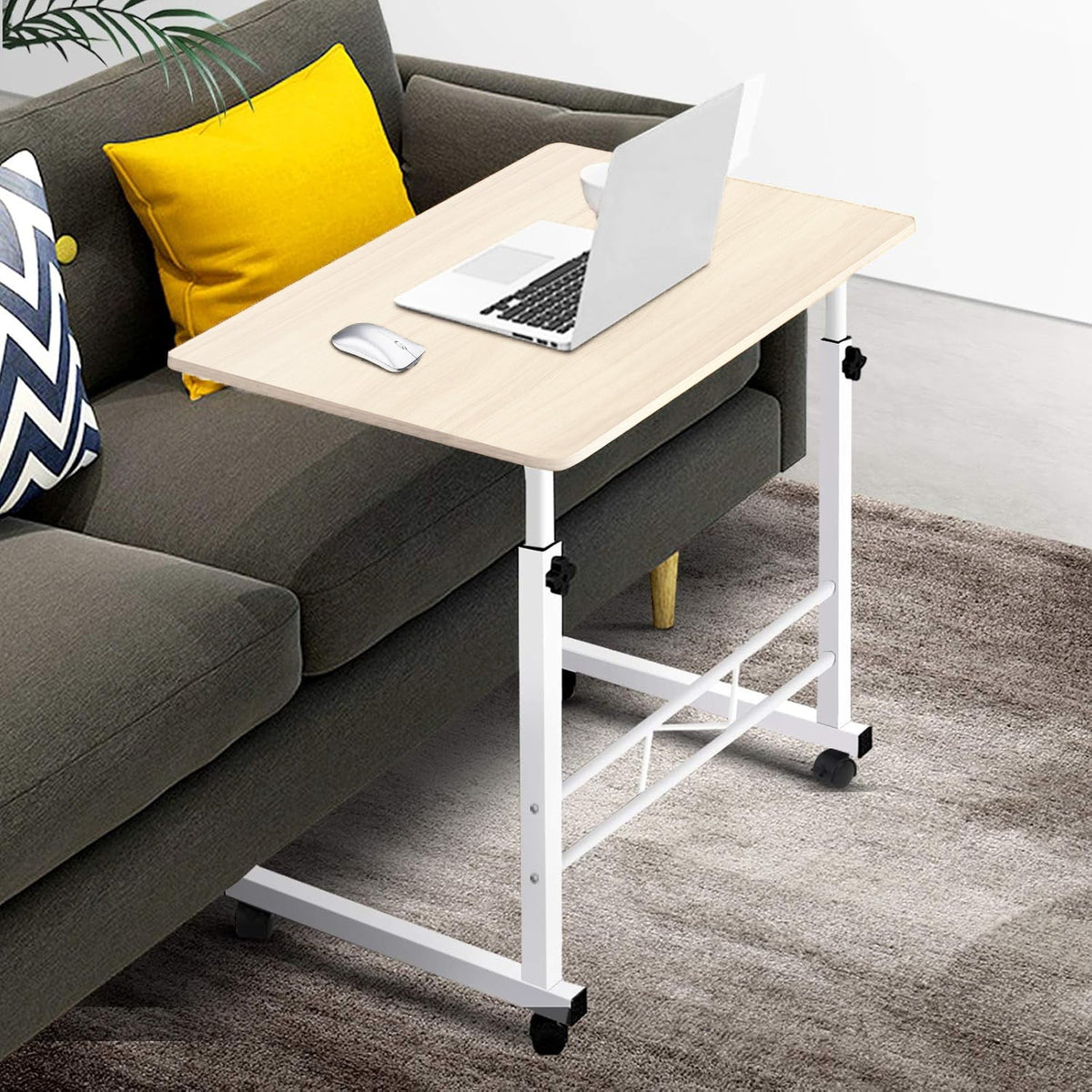 Rolling Laptop Desk with Adjustable Height 27.5-34.5 Inches Steel Frame Wood Top Mobile Workstation for Bedroom Sofa Home Office Compact Com