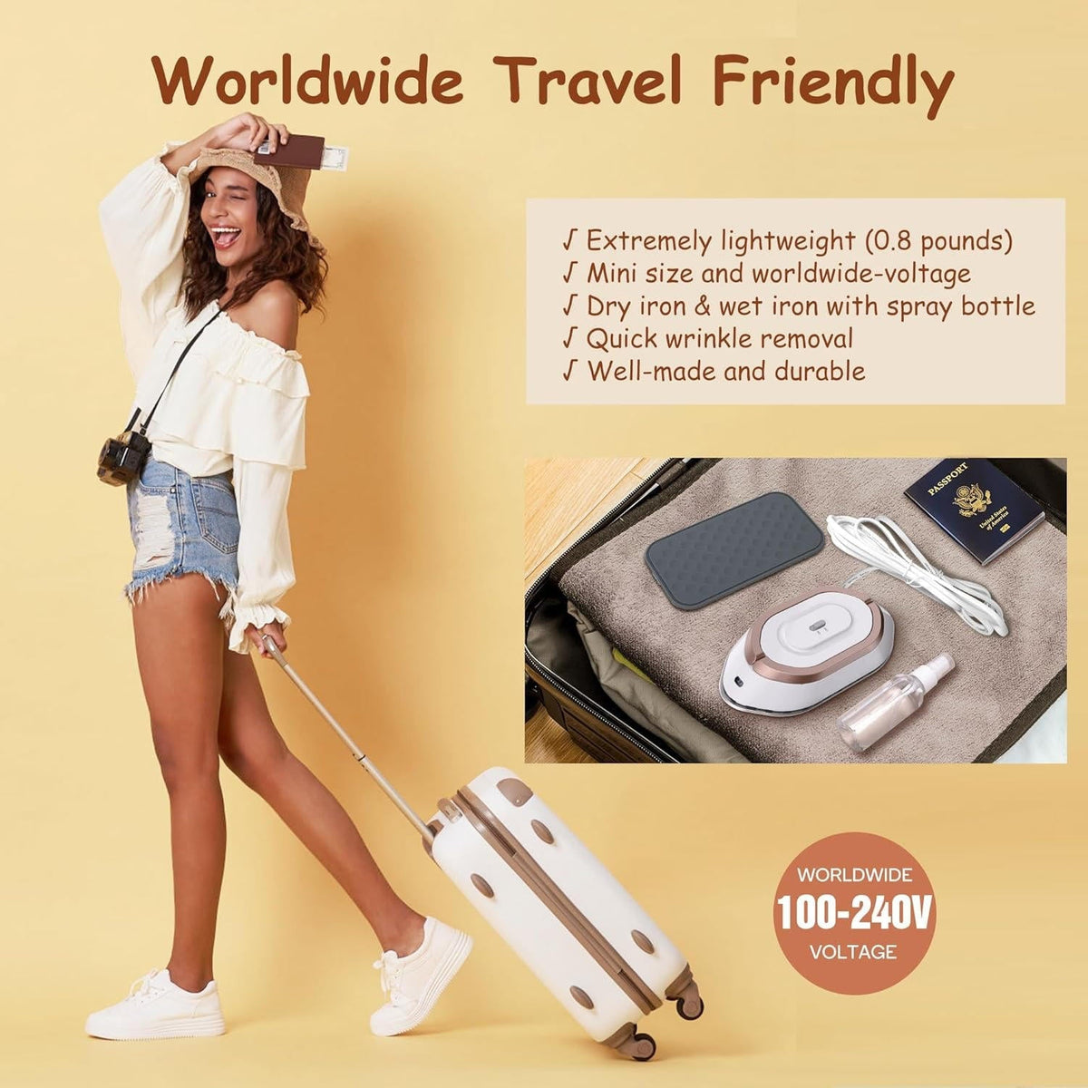 Mini Iron for Travel, Dual Voltage Travel Iron for Clothes, Portable Iron for Shirts and Suits with Ceramic Soleplate