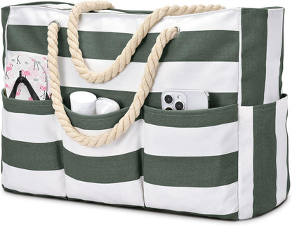 Zippered Canvas Tote Bag for Beach Days – Water-Resistant 7-Pocket Organizer, Padded Straps, Fits Towels & Gear for Pool, Lake & Travel