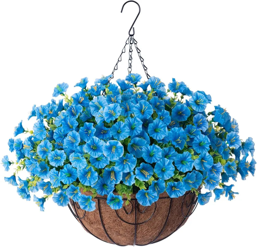 Hanging Basket Flowers Artificial Silk for Outdoor Indoor Decor | Weather-Resistant Faux Blooms in 7 Colors, Year-Round