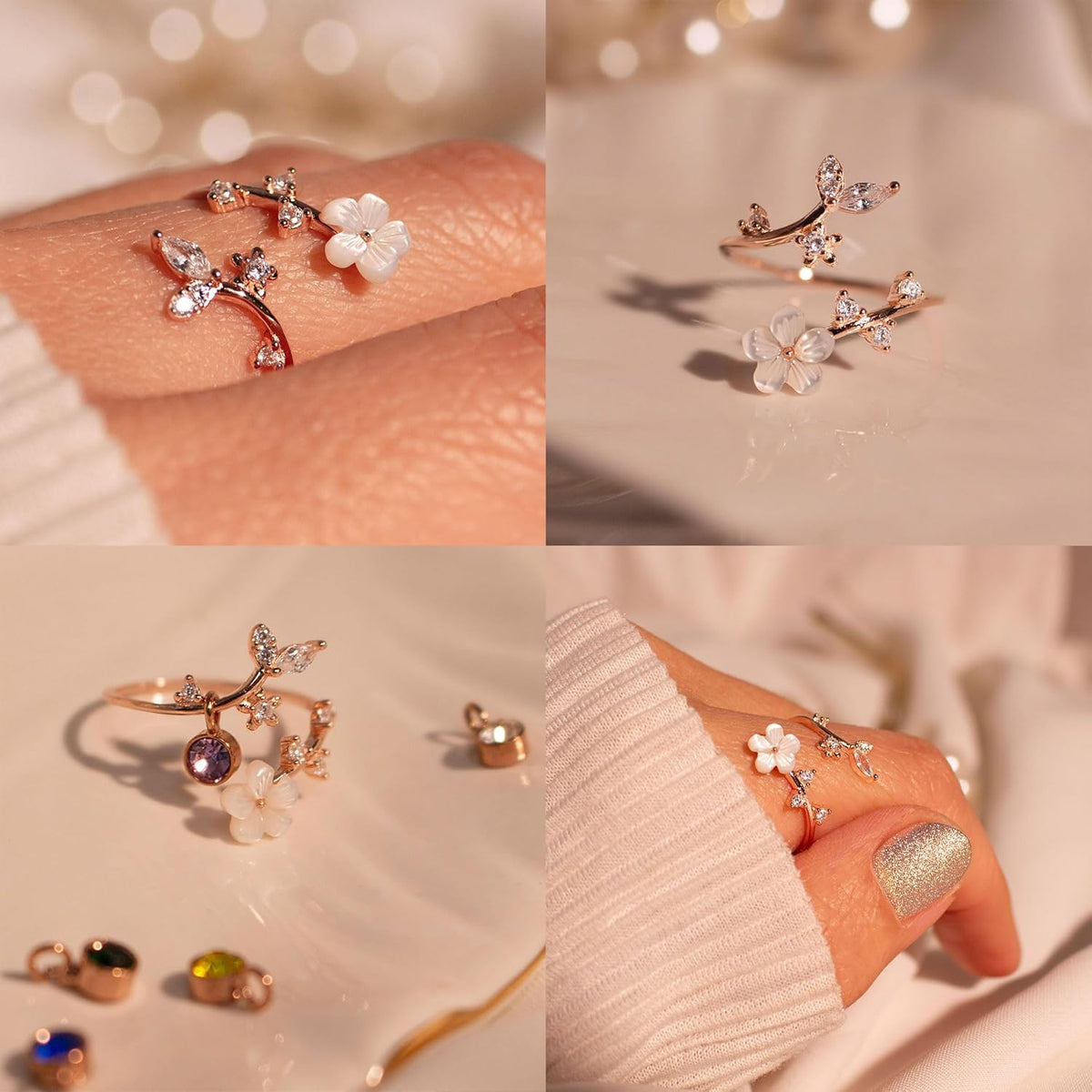 Floral Birthstone Ring | Adjustable Cubic Zirconia Design for Everyday Elegance