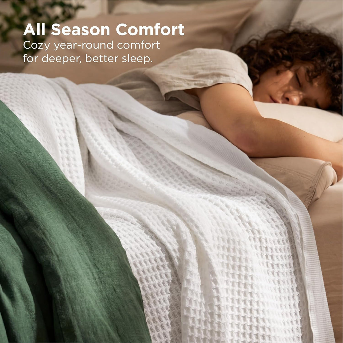 Cotton Throw Blanket for Bed, Waffle Weave Queen Size Blanket for All Seasons, Soft Breathable Cotton Blanket for Couch