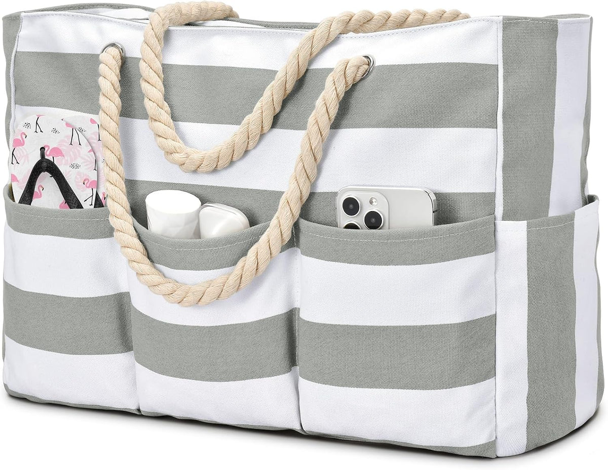 Zippered Canvas Tote Bag for Beach Days – Water-Resistant 7-Pocket Organizer, Padded Straps, Fits Towels & Gear for Pool, Lake & Travel