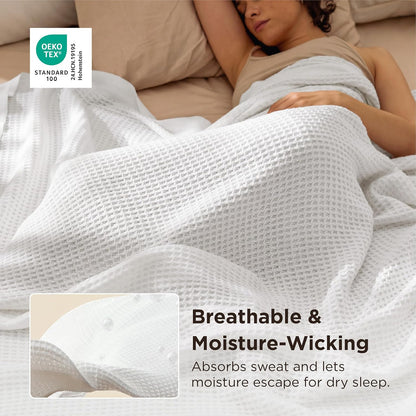 Cotton Throw Blanket for Bed, Waffle Weave Queen Size Blanket for All Seasons, Soft Breathable Cotton Blanket for Couch