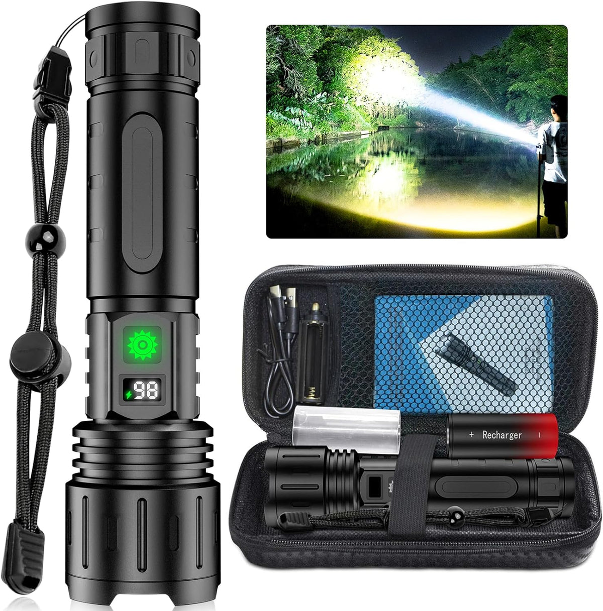 Rechargeable LED Tactical Flashlight 100000 Lumens 3280ft Beam USB-C Powerbank Zoomable 5 Modes IPX5 for Camping Outdoor Emergency