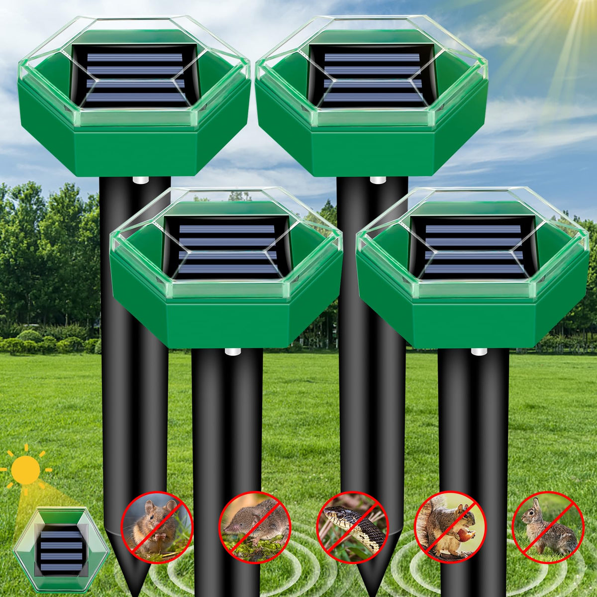 Solar Ultrasonic Mole Repellent Stakes for Lawn & Garden Protection – Outdoor Animal Deterrent Set of 4 for Gophers, Voles, Snakes &