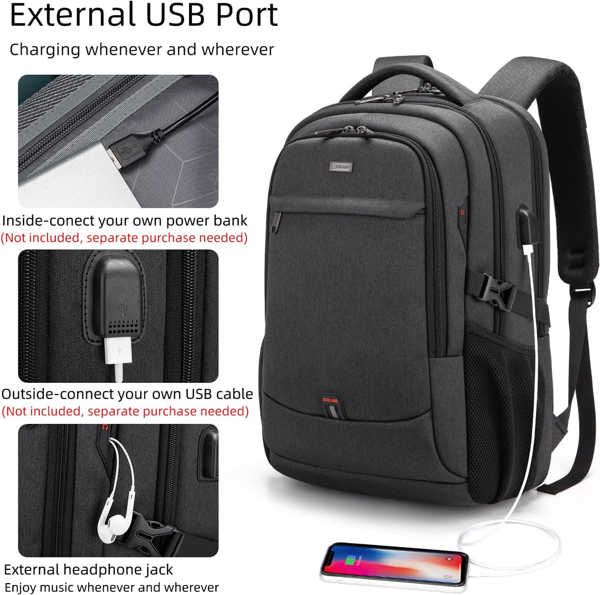 Travel Backpack with USB Charging Port for Laptops up to 17 Inches | Water-Resistant Daypack with Anti-Theft Pocket for Business Work School
