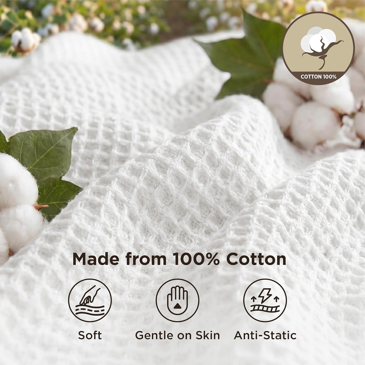 Cotton Throw Blanket for Bed, Waffle Weave Queen Size Blanket for All Seasons, Soft Breathable Cotton Blanket for Couch