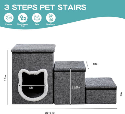 Pet Haven | 3-Step Non-Slip Dog Stairs with Storage | Easy Access for Small Dogs and Cats