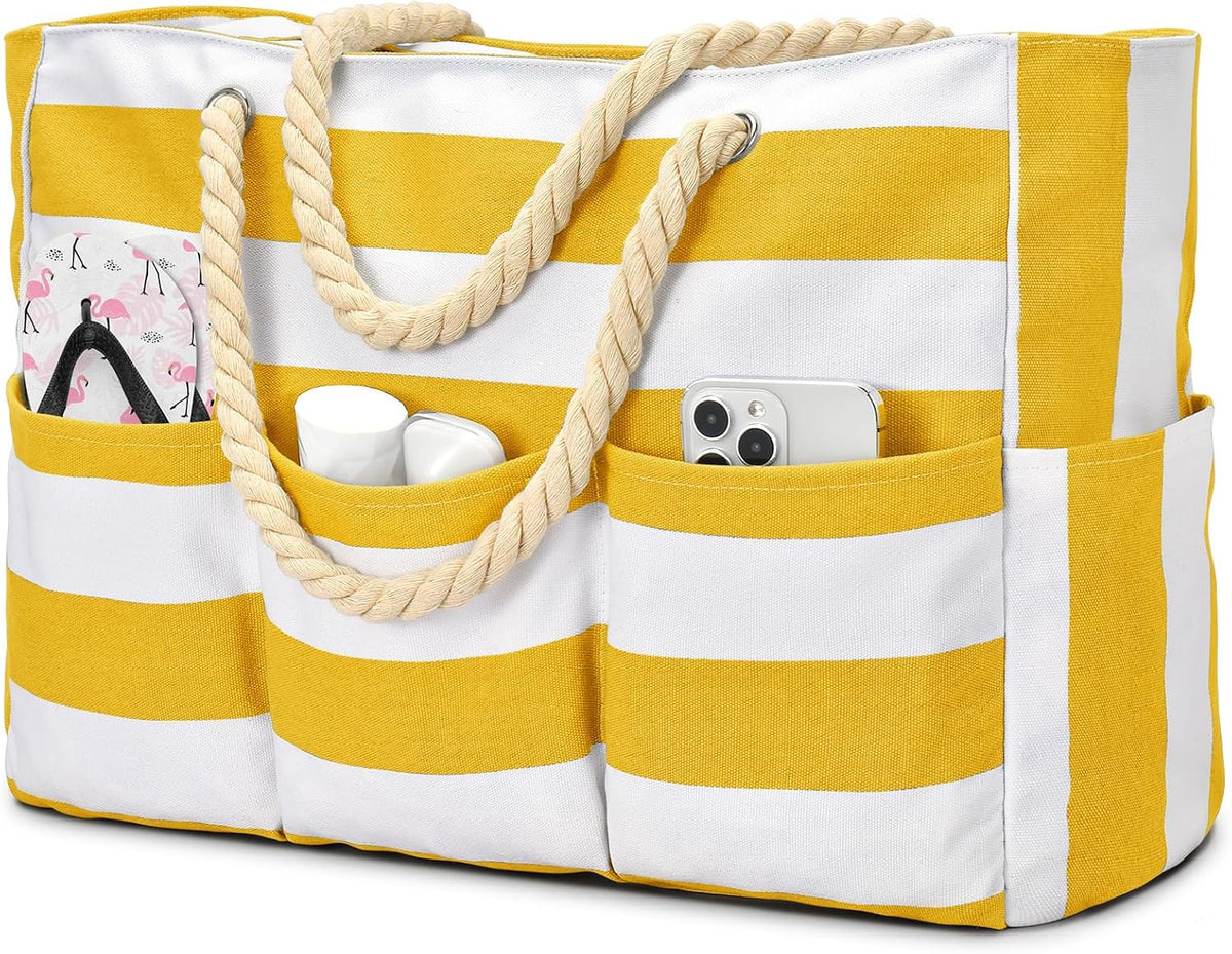 Zippered Canvas Tote Bag for Beach Days – Water-Resistant 7-Pocket Organizer, Padded Straps, Fits Towels & Gear for Pool, Lake & Travel