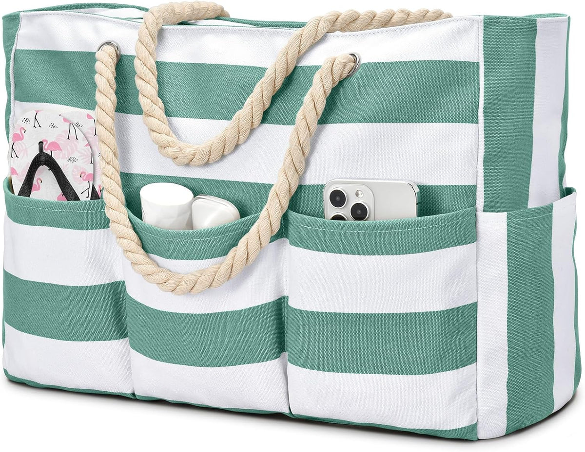 Zippered Canvas Tote Bag for Beach Days – Water-Resistant 7-Pocket Organizer, Padded Straps, Fits Towels & Gear for Pool, Lake & Travel