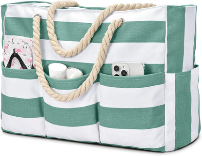 Zippered Canvas Tote Bag for Beach Days – Water-Resistant 7-Pocket Organizer, Padded Straps, Fits Towels & Gear for Pool, Lake & Travel