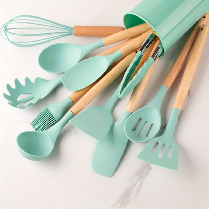 12-Piece Silicone Kitchen Utensil Set with Wooden Handles – Heat Resistant to 446°F, Dishwasher Safe, BPA-Free Cooking Tools
