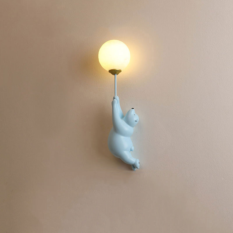 Bear with Balloon Wall Sconce Light for Kids Room Nursery Bedroom Playroom Resin Animal Design Accent Lighting White Blue Pink