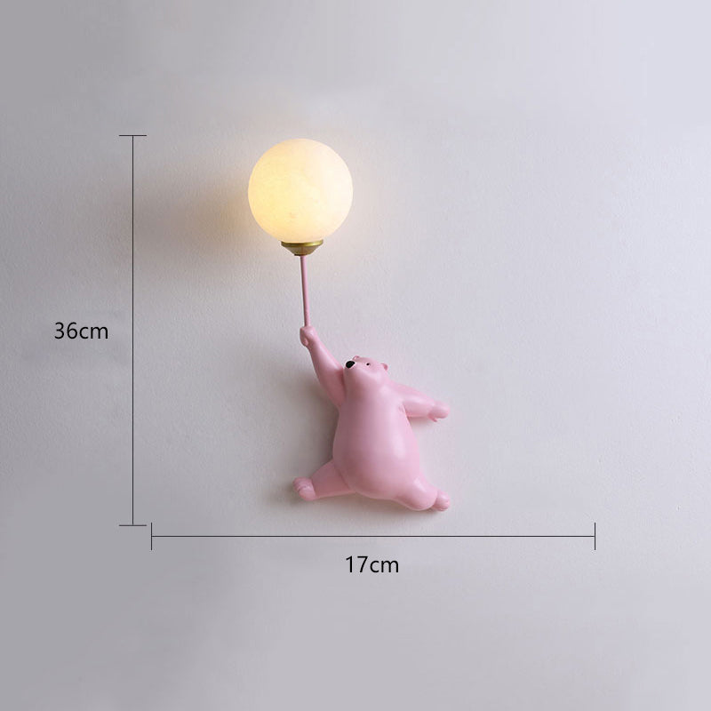 Bear with Balloon Wall Sconce Light for Kids Room Nursery Bedroom Playroom Resin Animal Design Accent Lighting White Blue Pink