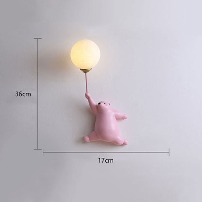 Bear with Balloon Wall Sconce Light for Kids Room Nursery Bedroom Playroom Resin Animal Design Accent Lighting White Blue Pink